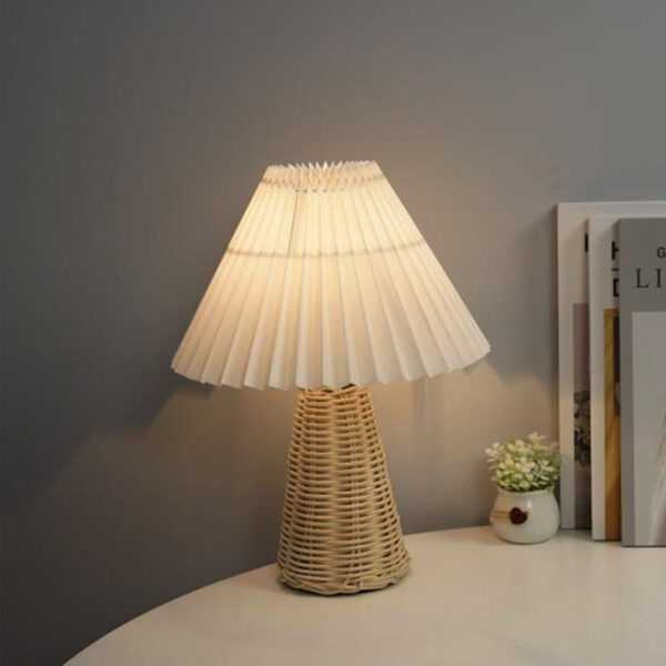 Pleated Table Lamp Bedside Night Lamp with Rattan Base Vintage Style Soft Warm - Image 2