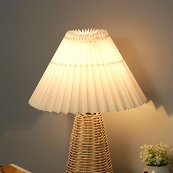 Pleated Table Lamp Bedside Night Lamp with Rattan Base Vintage Style Soft Warm - Image 3