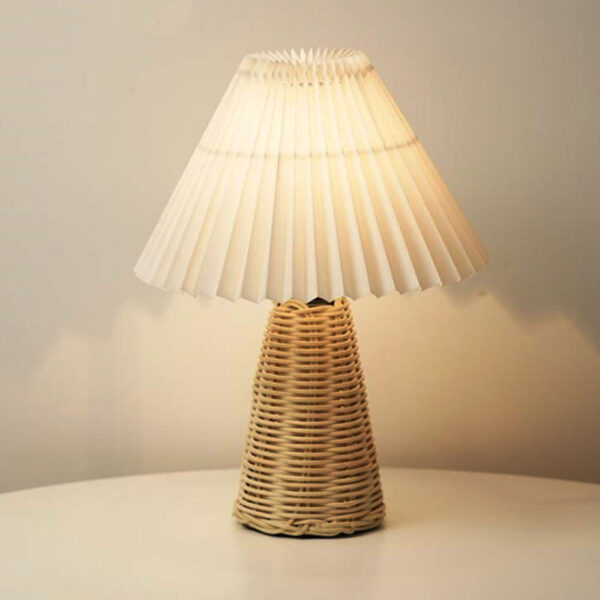 Pleated Table Lamp Bedside Night Lamp with Rattan Base Vintage Style Soft Warm - Image 5