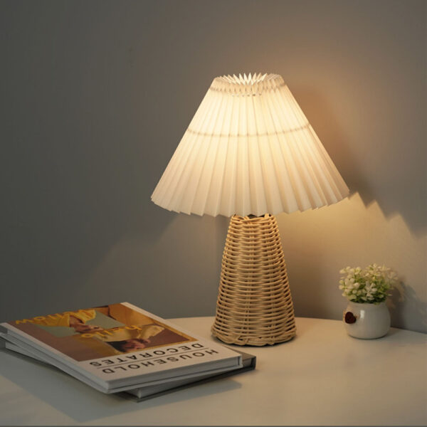 Pleated Table Lamp Bedside Night Lamp with Rattan Base Vintage Style Soft Warm