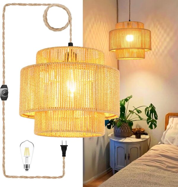 Plug in Pendant Light Hanging Lights with Plug in Cord Hanging Lamp Boho Ratt...