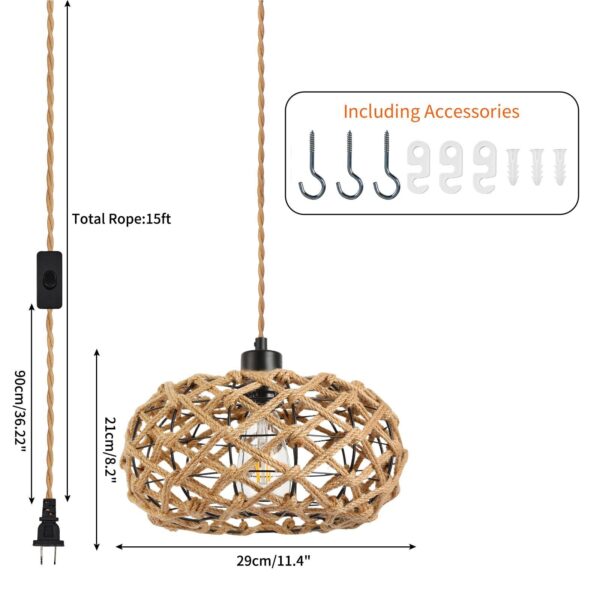 Plug in Pendant Light Rattan Hanging Lights with Plug in Cord 15ft Boho Hangi... - Image 5