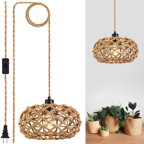 Plug in Pendant Light Rattan Hanging Lights with Plug in Cord 15ft Boho Hangi...