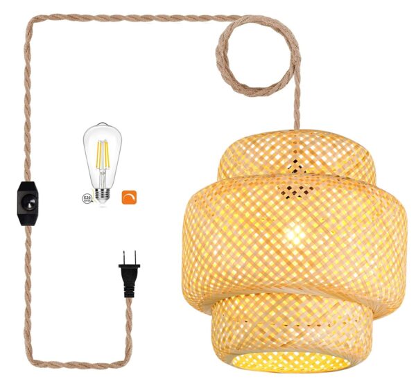 Plug in Pendant Light Rattan Hanging Lights with Plug in Cord Bamboo Hanging ...