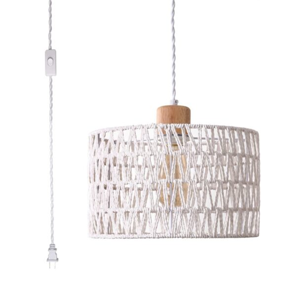 Plug in Pendant Light with Hand Woven Rattan Lampshade, Hanging Lamp with 15 ...