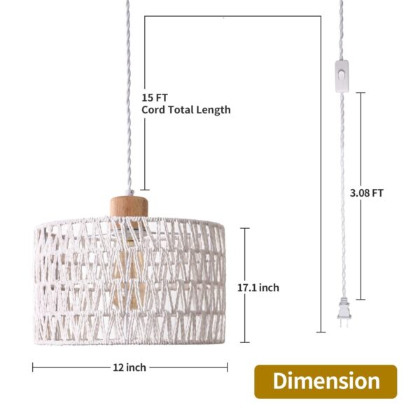 Plug in Pendant Light with Hand Woven Rattan Lampshade, Hanging Lamp with 15 ... - Image 2