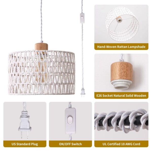 Plug in Pendant Light with Hand Woven Rattan Lampshade, Hanging Lamp with 15 ... - Image 3