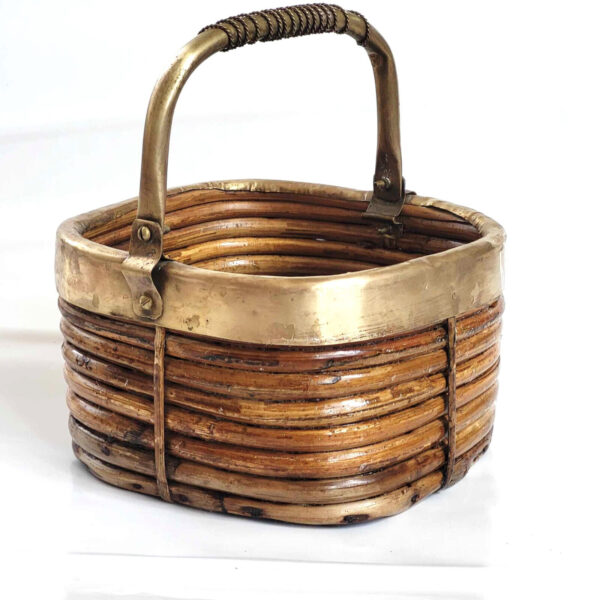 Rattan and Brass Basket Gabriella Crespi Italy Bowl Plant Pot Vintage - Image 2