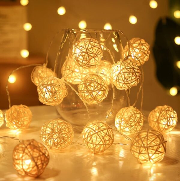 Rattan Ball LED String Lights Mains Powered Wooden Decorative Wedding Party - Image 2