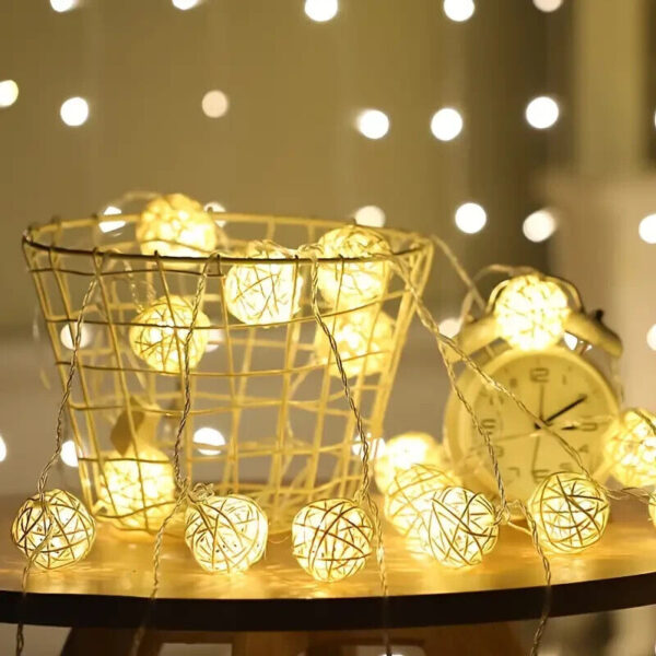 Rattan Ball LED String Lights Mains Powered Wooden Decorative Wedding Party - Image 3