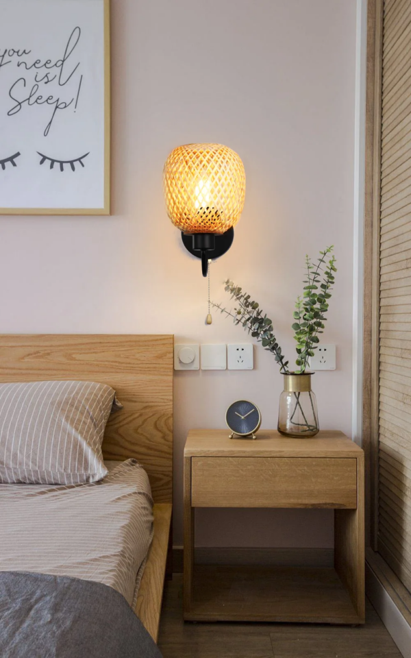 Rattan Bamboo Wall Sconce Light Fixture Vintage Bedside Dining Room Bedroom Lamp - Image 2