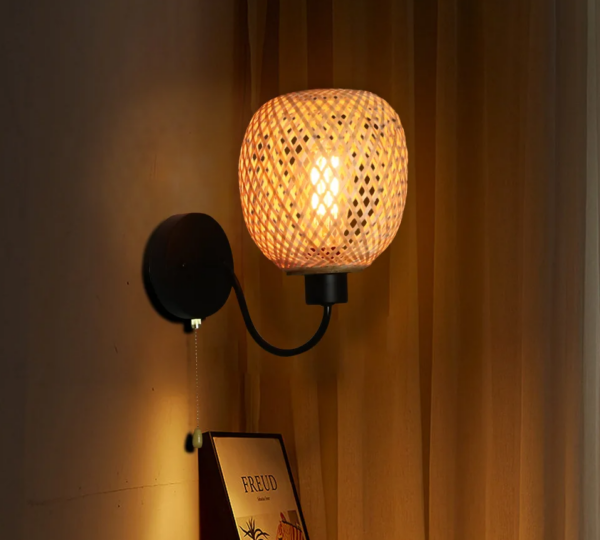 Rattan Bamboo Wall Sconce Light Fixture Vintage Bedside Dining Room Bedroom Lamp - Image 3