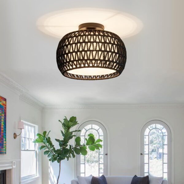 Rattan Ceiling Light Fixtures, Hand-woven Boho Flush Mount Ceiling Light, Han...