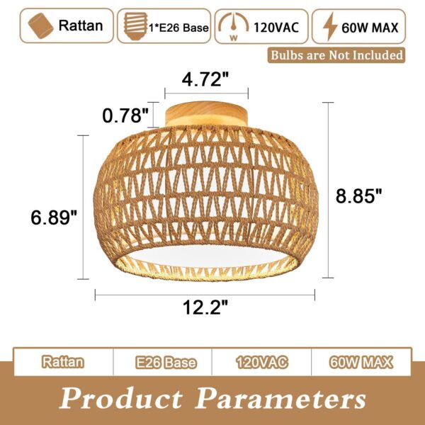 Rattan Ceiling Light Fixtures, Hand-Woven Boho Flush Mount Ceiling Light, Han... - Image 2