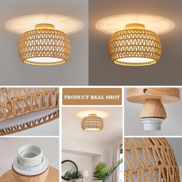 Rattan Ceiling Light Fixtures, Hand-Woven Boho Flush Mount Ceiling Light, Han... - Image 5