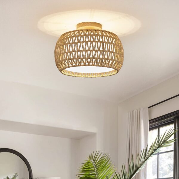 Rattan Ceiling Light Fixtures, Hand-Woven Boho Flush Mount Ceiling Light, Han...