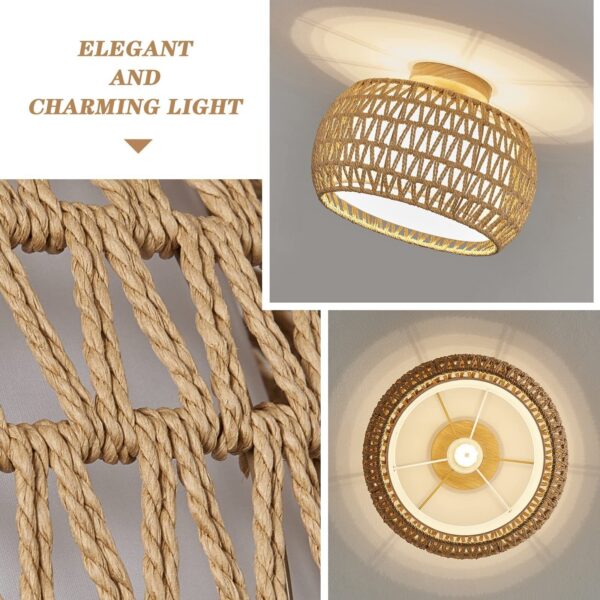 Rattan Ceiling Light Fixtures, Hand-Woven Boho Flush Mount Ceiling Light, Han... - Image 6