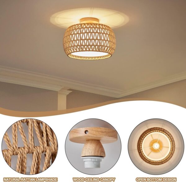  Rattan Ceiling Light Fixtures, Hand-Woven Boho Flush Mount Ceiling Yellow - Image 3