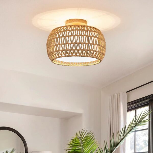  Rattan Ceiling Light Fixtures, Hand-Woven Boho Flush Mount Ceiling Yellow