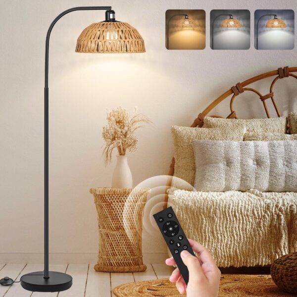 Rattan Floor Lamp- Modern Black Standing Floor Lamps with Remote Control and ...