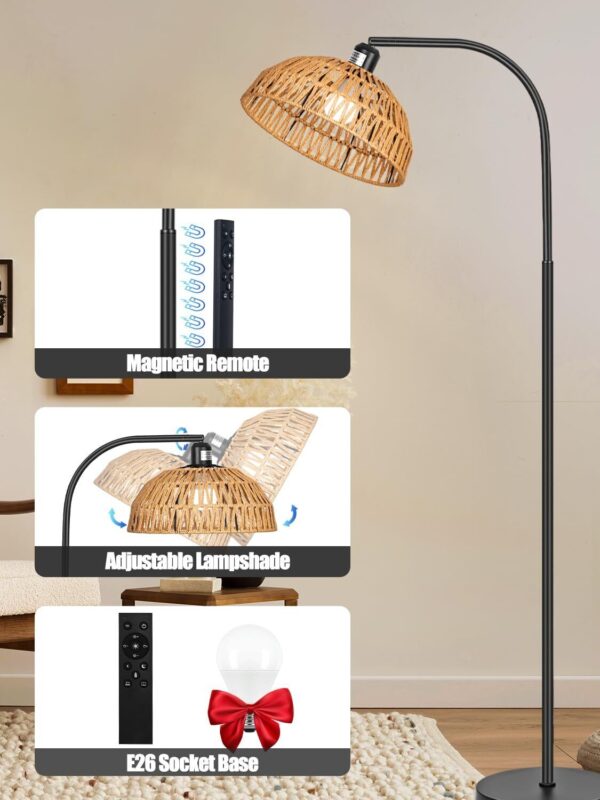 Rattan Floor Lamp- Modern Black Standing Floor Lamps with Remote Control and ... - Image 4