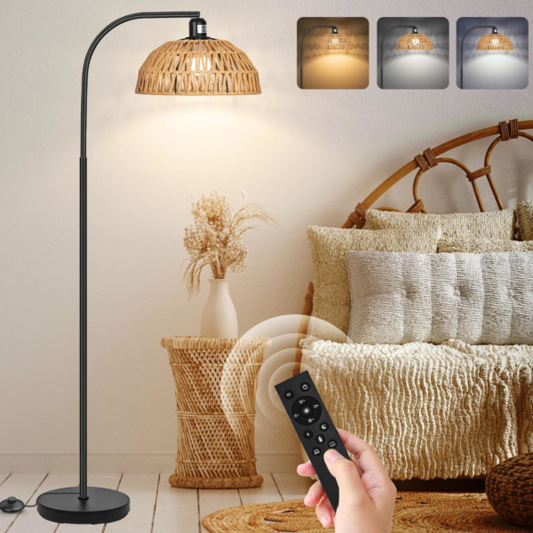 Rattan Floor Lamp- Modern Black Standing Floor Lamps with Remote Control and Ste