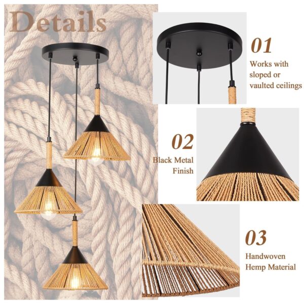 Rattan Pendant Light Boho Hanging Light, 3-Lights 9.8" Handmade Pendant Light... - Image 3