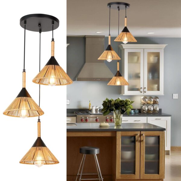 Rattan Pendant Light Boho Hanging Light, 3-Lights 9.8" Handmade Pendant Light...