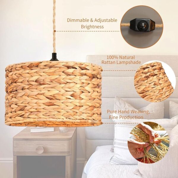 Rattan Plug in Pendant Light Hand Wicker Bamboo Shade,Boho Hanging Lights - Image 3