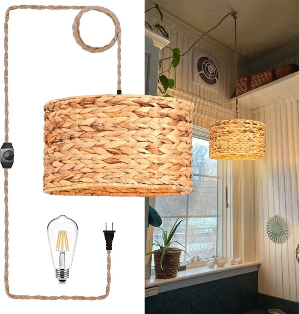 Rattan Plug in Pendant Light Hand Wicker Bamboo Shade,Boho Hanging Lights