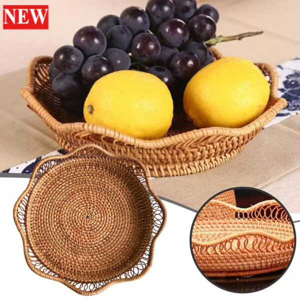 Rattan Round Fruit Baskets Wicker Storage Bowls Natural Woven Serving Basket,NEW