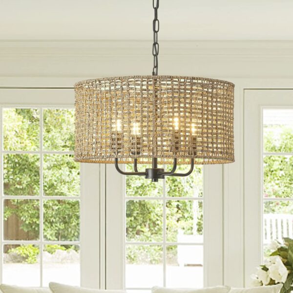 Rattan Wicker Drum Chandeliers for Dining Room, 4-Light Bohemian Hand-Woven F... - Image 4