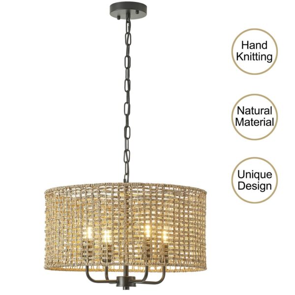 Rattan Wicker Drum Chandeliers for Dining Room, 4-Light Bohemian Hand-Woven F... - Image 5