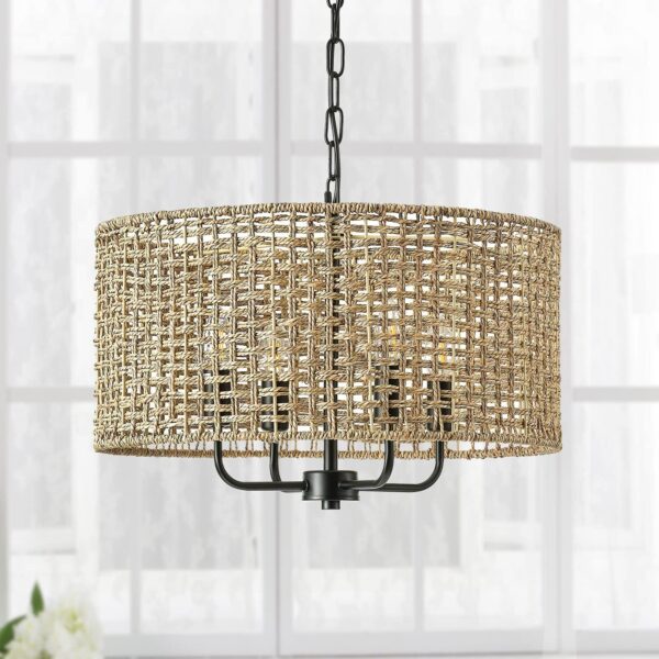 Rattan Wicker Drum Chandeliers for Dining Room, 4-Light Bohemian Hand-Woven F...