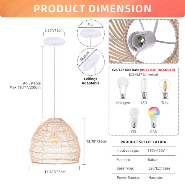 Rattan Woven Pendant Fixture Shades, Handmade Hanging Ceiling Lamp Crafts Lam... - Image 5