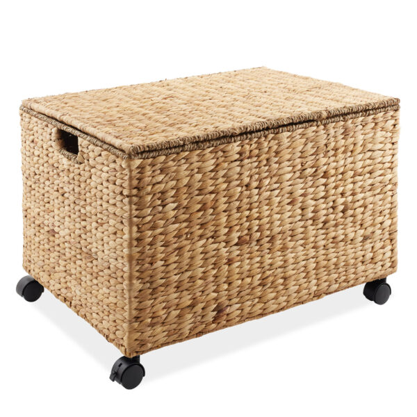 Rolling Storage Basket Cart w/ Lid & Wheels - Woven Wicker Divided Recycling Bin - Image 3