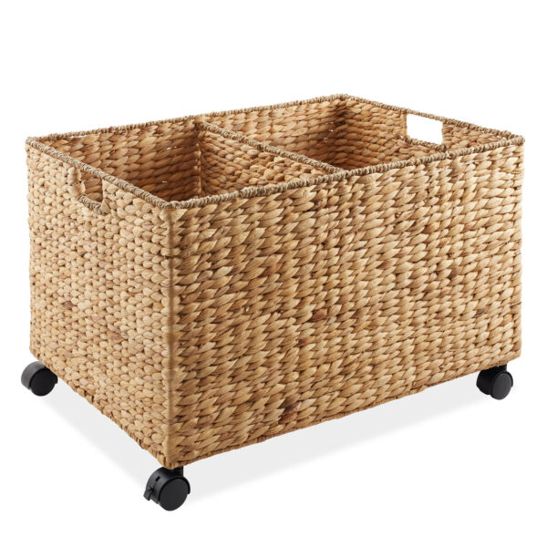 Rolling Storage Basket Cart w/ Lid & Wheels - Woven Wicker Divided Recycling Bin - Image 4