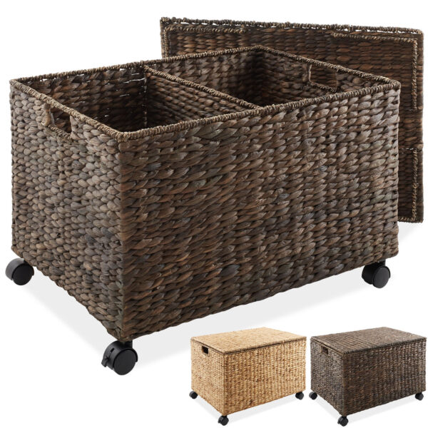 Rolling Storage Basket Cart w/ Lid & Wheels - Woven Wicker Divided Recycling Bin