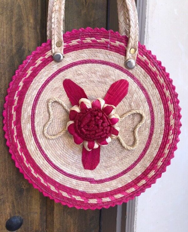 ROUND BASKET BAG Boho Handmade Woven Raffia Flower Fuchia Pink Natural Mexico - Image 2