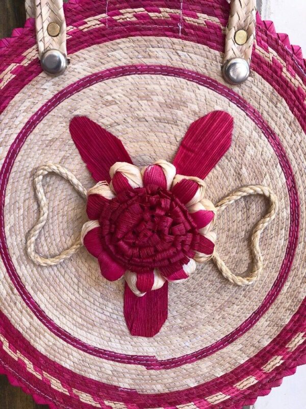 ROUND BASKET BAG Boho Handmade Woven Raffia Flower Fuchia Pink Natural Mexico - Image 3