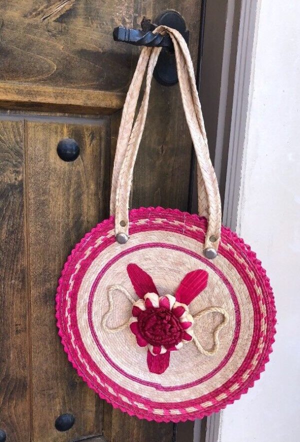 ROUND BASKET BAG Boho Handmade Woven Raffia Flower Fuchia Pink Natural Mexico - Image 4