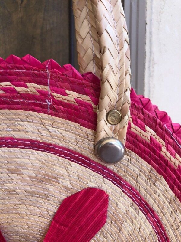 ROUND BASKET BAG Boho Handmade Woven Raffia Flower Fuchia Pink Natural Mexico - Image 6