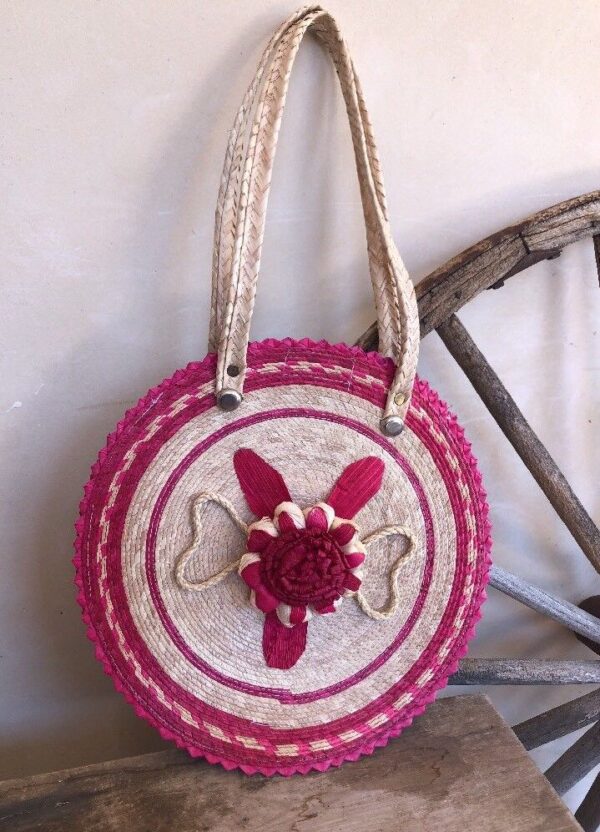 ROUND BASKET BAG Boho Handmade Woven Raffia Flower Fuchia Pink Natural Mexico