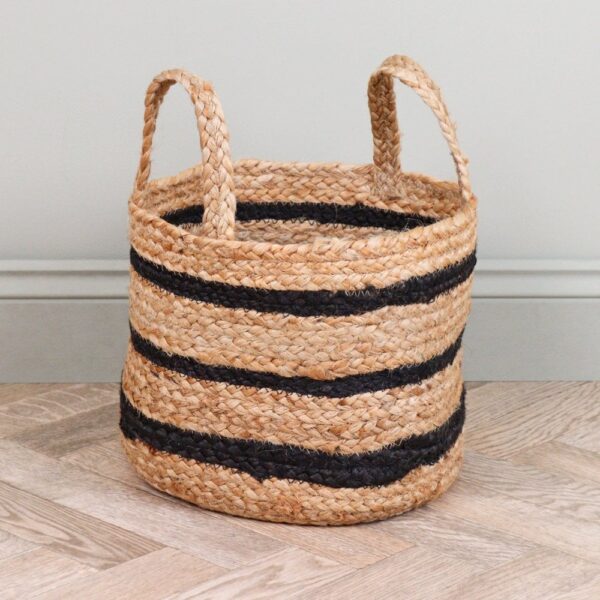 Round Black Stripe Jute Storage Basket With Handles