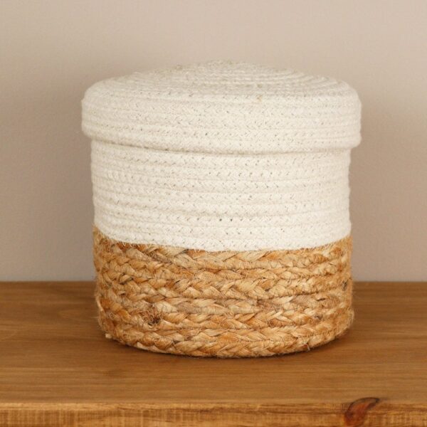 Round Cream Cotton & Natural Jute Storage Basket With Lid