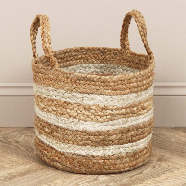 Round Cream Stripe Jute Storage Basket With Handles