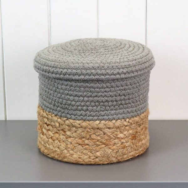 Round Grey Cotton & Natural Jute Storage Basket With Lid