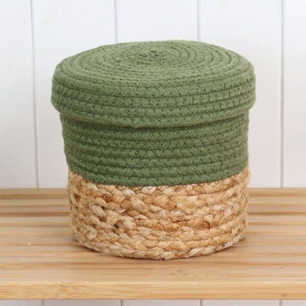 Round Olive Cotton & Natural Jute Storage Basket With Lid