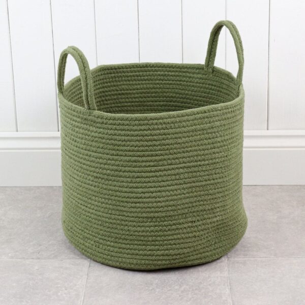 Round Olive Cotton Rope Storage Basket With Handles