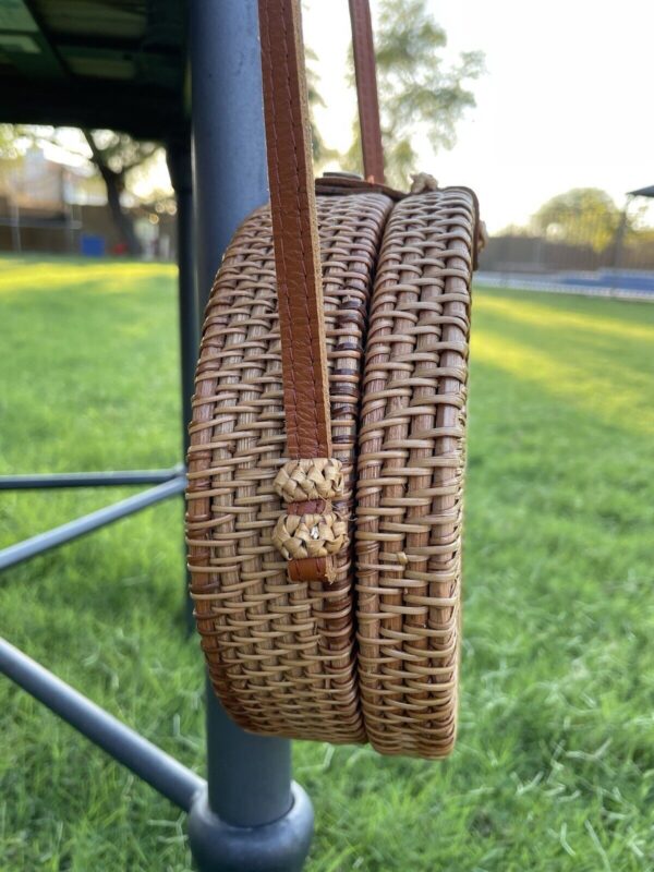 Round Rattan Purse Bag Crossbody Handwoven Straw basket Beachy Boho Summer - Image 4